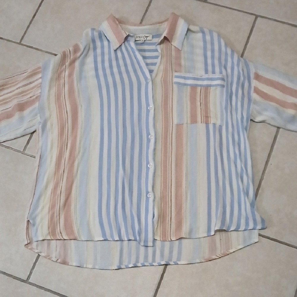 VICI Womens Size M Blue & Orange Striped Button Down Shirt